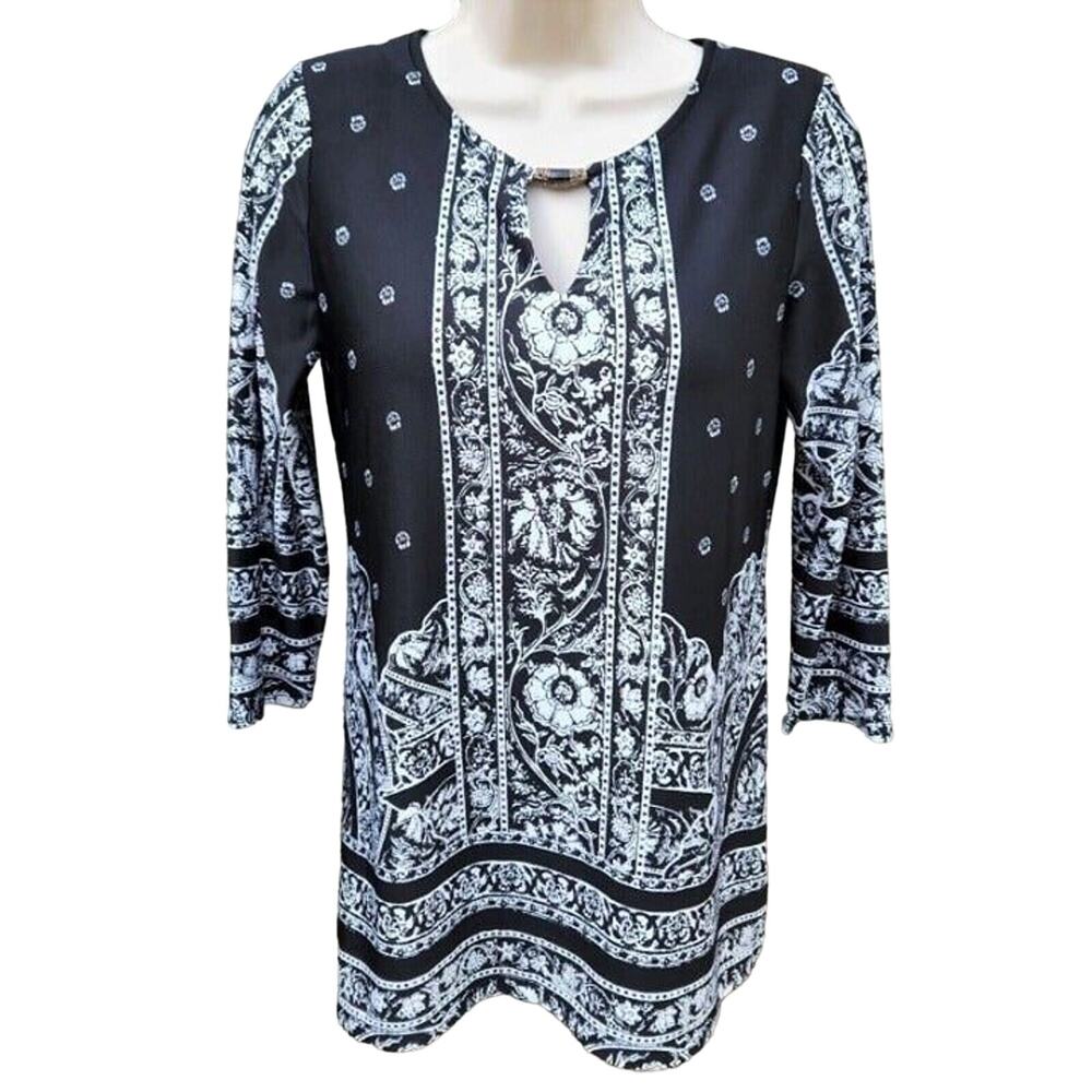 Melissa Paige Blouse Women's Size‎ S Black White Floral Damask Print Career Top